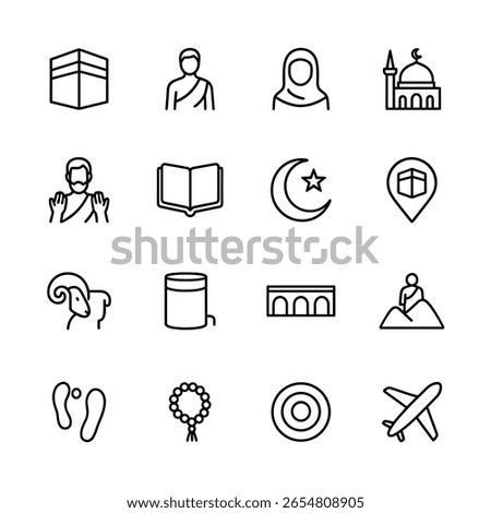 Simple Outline Hajj and Umrah Pilgrimage Icon Set for Islamic Theme