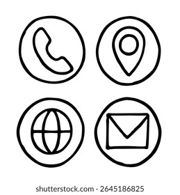 Simple Outline Hand Drawn Icons. Call Phone Number, Location Map Marker Address, Internet Website Globe, Mail Email Envelope Icon Set