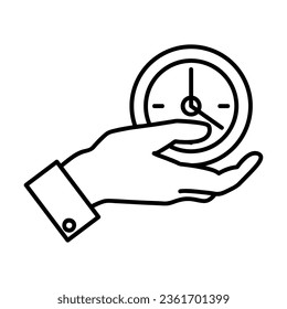 Simple outline of hand holding clock or timer vector icon. Black line drawing or cartoon illustration of organization or deadline symbol on white background. Business, time management concept