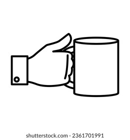Simple outline of hand holding coffee mug vector icon. Black line drawing or cartoon illustration of person with hot drink on white background. Coffee shop, lunch break concept