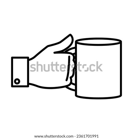 Simple outline of hand holding coffee mug vector icon. Black line drawing or cartoon illustration of person with hot drink on white background. Coffee shop, lunch break concept