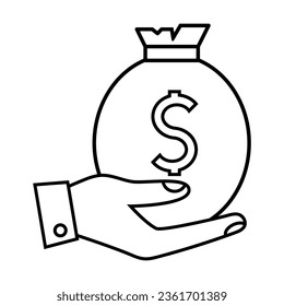 Simple outline of hand holding sack of money vector icon. Black line drawing or cartoon illustration of profit or savings symbol on white background. Business, investment, finances concept
