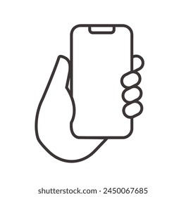 simple outline of hand holding smartphone. vector illustration