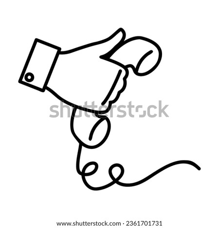 Simple outline of hand with old-fashioned telephone vector icon. Black line drawing or cartoon illustration of wired retro phone on white background. Communication, advertising concept