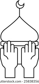 simple outline hand praying with mosque icon illustration