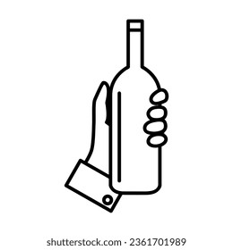 Simple outline of hand of waiter with alcohol bottle vector icon. Black line drawing or cartoon illustration of alcoholic drink on white background. Alcohol, beverage, celebration concept