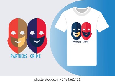 Simple outline of handcuffs with Partners in Crime written in sleek modern typography on a T-shirt Perfect for vector illustration and design projects