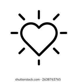Simple Outline Heart Shape Icon with Rays or Light Beams Symbol