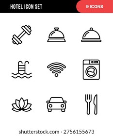 Simple Outline Hotel Facility and Service Icon Collection with Rounded Style