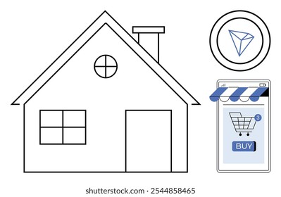 Un esquema simple de una casa, un dispositivo móvil con un Carrito de compras y un Botón de compra y un símbolo de criptomoneda. Ideal para bienes raíces, compras en línea, tecnología, criptomonedas, servicios financieros