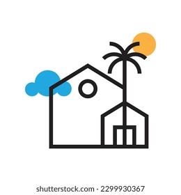 simple outline of house with palm tree and sunny day logo vector