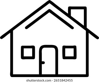 A simple outline of a house with a roof, chimney, door, and windows, perfect for real estate designs
