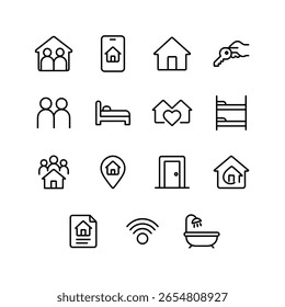 Simple Outline House and Room Interior Facility Concept Symbol Icon Set