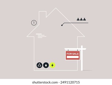 A simple outline of a house with a For Sale sign indicates the property's availability, The building appears ready to be customized to the new owners' preferences