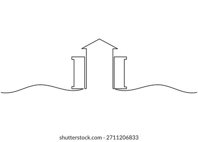 Esquema simple de una casa con dos pilares y una línea de tierra ondulada.