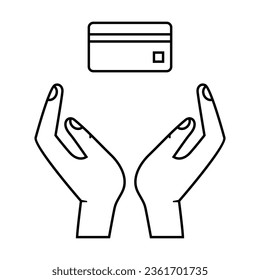 Sencillo contorno de las manos humanas con icono vectorial de tarjeta de crédito. Dibujo de línea negra o caricatura ilustrativa del símbolo financiero sobre fondo blanco. Negocio, inversión, concepto bancario