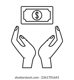 Simple outline of human hands with dollar banknote vector icon. Black line drawing or cartoon illustration of financial symbol on white background. Business, investment, savings concept