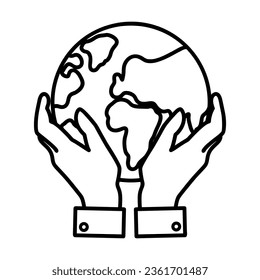 Simple outline of human hands holding planet vector icon. Black line drawing or cartoon illustration of person protecting globe or Earth on white background. Ecology, environment concept