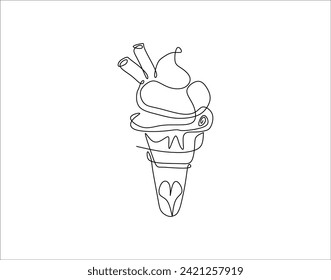 Simple Outline Of Ice Cream in Waffle Cone. Ice Cream In One Countinuous Line Art. Ice Cream Cone Line Art.
