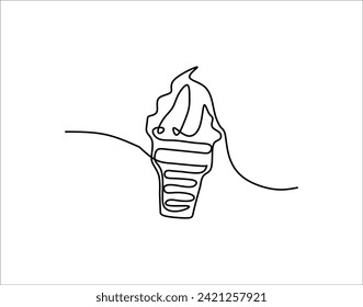 Simple Outline Of Ice Cream in Waffle Cone. Ice Cream In One Countinuous Line Art. Ice Cream Cone Line Art.
