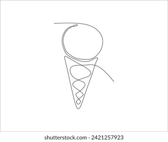 Simple Outline Of Ice Cream in Waffle Cone. Ice Cream In One Countinuous Line Art. Ice Cream Cone Line Art.
