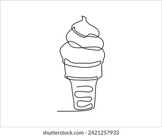 Simple Outline Of Ice Cream in Waffle Cone. Ice Cream In One Countinuous Line Art. Ice Cream Cone Line Art.
