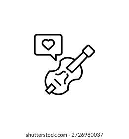 Einfaches Umrisssymbol eines Cello mit einem Herz in einer Sprechblase, die