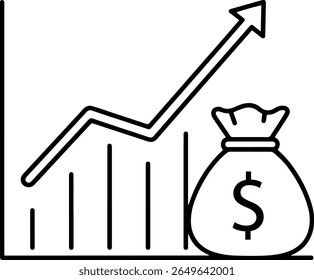 Simple outline icon of a chart going up with a money bag, showing business growth and profit.

