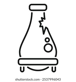 Simple outline icon of a chemical flask experiment cracking with smoke coming out