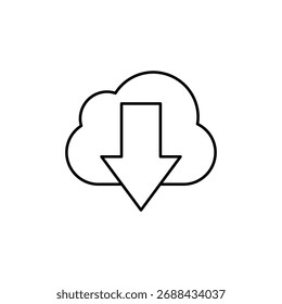 Ícone de contorno simples de uma nuvem com uma seta para baixo indicando download de dados.