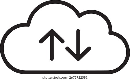 Ícone de contorno simples de uma nuvem com setas para cima e para baixo, representando o upload e o download de dados ou a sincronização em nuvem.