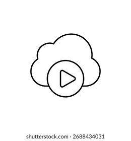 Ícone de contorno simples de uma nuvem com um símbolo de botão de reprodução de vídeo.