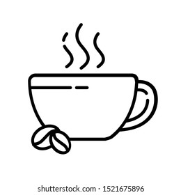 Simple outline icon - coffee cup, mug with hot energetic drink or beverage for breakfast and coffee beans, kitchenware and flavorous brew - isolated vector symbol, pictogram  for web, application 