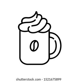 Simple outline icon - coffee cup, mug with hot energetic drink or beverage for breakfast and coffee beans, flavorous latte drink - isolated vector symbol, pictogram  for web, application