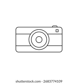 Simple outline icon of a compact digital point-and-shoot camera, symbolizing photography, travel, memories, and modern technology in a clean vector design.