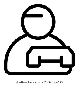 Simple outline icon of a construction worker holding a toolbox, perfect for representing construction work