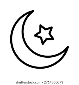 Un simple icono de contorno de una luna creciente con una estrella al lado. Diseño de interfaz de usuario de icono de línea única islámica.