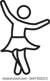 a simple outline icon of a dancing figure with arms outstretched and a skirt