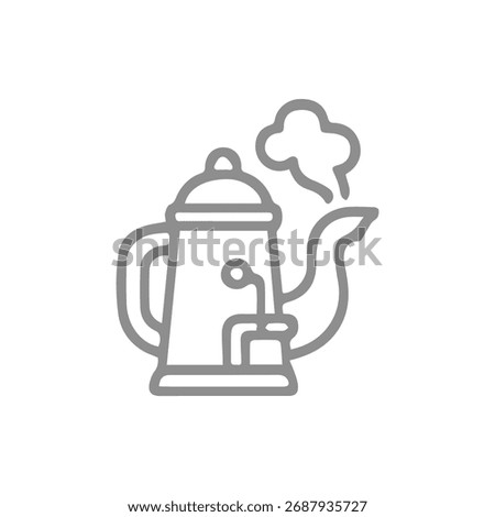 A simple outline icon depicting a classic coffee pot or teapot with steam rising from its spout perfect for menus and kitchen related designs