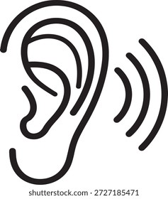 Un icono de contorno simple que representa un oído humano con ondas de sonido, que representa conceptos de audición y audio.