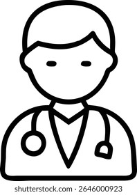 Um simples ícone de esboço de um médico com um estetoscópio, representando os profissionais de saúde, médicos e clínicos gerais no campo médico.