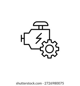 Simple Outline Icon Of Engine Gear With Electrical Symbol Isolated On White