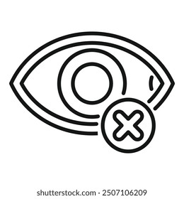 Simple outline icon of an eye with a cross mark, representing blindness or vision loss