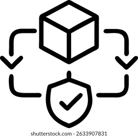 A simple outline icon featuring a cube, arrows, and a shield with a checkmark, representing secure data flow and protection in a system.