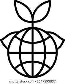 A simple outline icon of a globe with a plant growing out of it, representing growth on the earth design