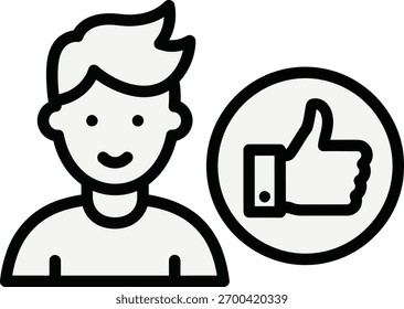 A simple outline icon of a happy customer giving positive feedback. The icon features a man with a thumbs up symbol, representing satisfaction and approval.