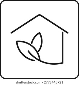 Simple outline icon of a house integrated with two green leaves symbolizing ecofriendly living