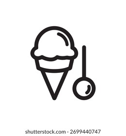 Simples ícone de contorno de um cone de sorvete com uma colher e colher ao lado dele