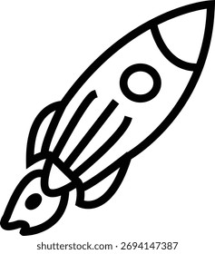 Simple outline icon illustration of a rocket ship launching into space with a fiery exhaust.