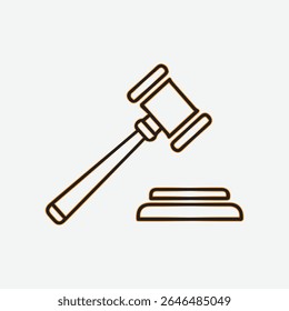 Ícone de contorno simples de um bloco de som e martelo de juiz em um fundo branco